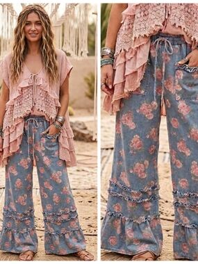 BiBi Pink Rose Print Wide-Leg Ruffle Jeans